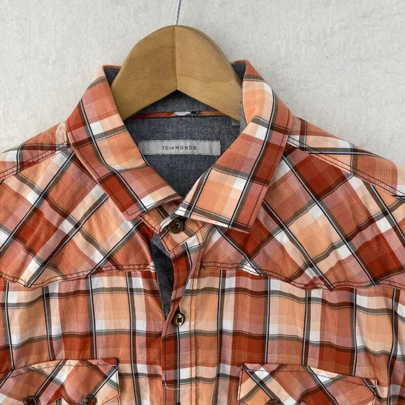 7 Diamonds Shirt Men's Sz M Orange Button-Up Plaid Collared Regular Fit Pockets - Picture 2 of 10